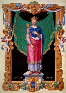 صورة لملك فرنسا لويس السابع الشاب (1120-1180). صورة مصغرة في "" Recueil des rois de france "لجين دو تيليت بواسطة فنان غير معروف