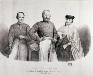 صورة للوطني وأبطال Risorgimento جوزيبي غاريبالدي (1807-1882) بين تيريسيتا وابنته وزوجته ستيفانو كانزيو. مطبوعات حجرية من 1862 مجموعة خاصة بواسطة فنان غير معروف