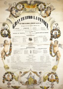 ملصق لأداء أوبرا "عايدة" للملحن الإيطالي جوزيبي فيردي (1813-1901) للأداء في مسرح لا فينيس في البندقية في 1843-1844. بواسطة فنان غير معروف