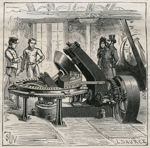 الفخار: آلة فلوري تستخدم في التشكيل الميكانيكي للطوب. نقش من عام 1885 في "" Les Arts et metiers Illustres "" لأدولف بيتارد. بواسطة فنان غير معروف