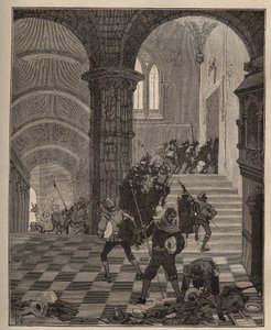 الفخار: تدمير مصنع "Henri II" أثناء نهب قلعة Oiron (Deux Sevres) عام 1568 أثناء العصبة. نقش من عام 1885 في "" Les Arts et metiers Illustres "" لأدولف بيتارد. بواسطة فنان غير معروف