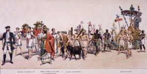 موكب الحاصدين وعربة باخوس (باكو) - في "" الألبوم الرسمي لمهرجان صانعي النبيذ "" بواسطة فنان غير معروف