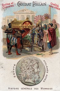 دفن بطليموس الأول (360-283 قبل الميلاد) سوتر (المنقذ) الإسكندر الأكبر. في التاريخ العام للعملات المعدنية. الطباعة الحجرية الملونة بالشوكولاتة المهر في نهاية القرن التاسع عشر. مجموعة خاصة. بواسطة فنان غير معروف