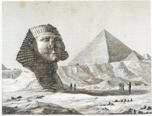 أهرامات الجيزة: منظر لأبي الهول والهرم الأكبر ، مأخوذ من الجنوب الشرقي - في "" وصف مصر "، الطبعات الإمبراطورية بواسطة فنان غير معروف