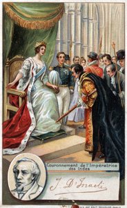 توجت ملكة إنجلترا فيكتوريا إمبيراتريس من الهند عام 1877 بدعم من الكاتب والسياسي البريطاني بنجامين دزرائيلي (1804-1881). الطباعة الحجرية الملونة في القرن التاسع عشر. بواسطة فنان غير معروف
