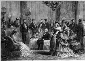 حفل استقبال في فندق Hotel d'Aumale في باريس ، شارع du Faubourg Saint Honore (Saint-Honore) بحضور رئيس الجمهورية ، Adolphe Thiers ، نقش في "الكون اللامع" بواسطة فنان غير معروف