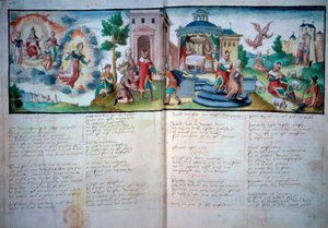 المسرح الديني: عرض مسرحية "العاطفة والقيامة" في فالنسيان عام 1547. صفحة مخطوطة بالألوان المائية ، باريس ، بنسلفانيا بواسطة فنان غير معروف