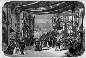 تمثيل أوبرا دون كارلو (دون كارلوس) في 5 أعمال لجوزيبي فيردي في أوبرا باريس في 11 مارس 1867. في رسم نوفيل ، الفصل الثالث ، اللوحة الرابعة ، المشهد التاسع. بواسطة فنان غير معروف