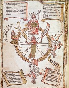 تمثيل لوحة عجلة الحظ على شكل برج من "Libro delle Release" من تأليف Lorenzo Spirito Gualtieri (أو Lorenzo Spirito da Perugia (Perugia) (1426-1496) شاعر وعالم إنساني بواسطة فنان غير معروف