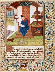 تمثيل المؤلف يكتب في مكتبه صورة مصغرة من "زهور جميع الفضائل" أو "مسبحة الفضائل" (Ms 291) 1460 Musee Conde، Chantilly بواسطة فنان غير معروف