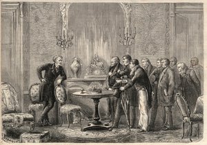 تمثيل مسرحية "ميركاديت" (Le Faiseur) بواسطة Honore de Balzac (1799-1850) في الكوميديا Francaise. الفصل الثالث ، المشهد السادس. نقش في "" L'Univers اللامع "" بواسطة فنان غير معروف