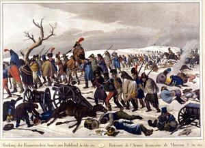 انسحب من الجيش الفرنسي لموسكو عام 1812. نقش القرن التاسع عشر. بواسطة فنان غير معروف