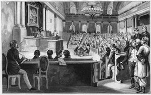 ثورة فيين 1848 - اجتماع أول جمعية تأسيسية نمساوية (Reichsversammlung) ، يوليو 1848 ، في المدرسة الإسبانية للفروسية في فيينا ، النمسا. بواسطة فنان غير معروف