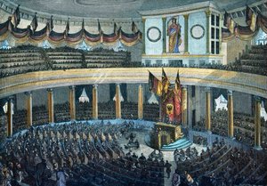 الثورات 1848 - 1849: الجمعية الوطنية الألمانية في كنيسة القديس بولس في فرانكفورت - نقش خشبي ملون