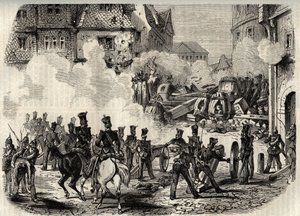 الثورات 1848-1849 ، ألمانيا ، فرانكفورت - اقتحام القوات حاجزًا في فرانكفورت ، ألمانيا ، في 18 سبتمبر بواسطة فنان غير معروف