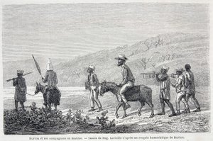 ريتشارد فرانسيس بيرتون ، المستكشف البريطاني (1821-1890) ورفاقه في إفريقيا. رسم يوضح مقالة "" رحلة الكابتن بيرتون إلى البحيرات الكبرى بأفريقيا 1857-59 "- في" "تور دو موند" ، الفصل الدراسي الثاني. 1860 بواسطة فنان غير معروف