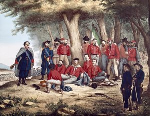 Risorgimento: "المواطن الإيطالي جوزيبي غاريبالدي (1807-1882) أصيب بجروح في أسبرومونتي ، 29/08/1862 ينقله جنود" (لوحة) بواسطة فنان غير معروف