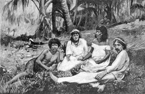 روبرت لويس ستيفنسون (1850 - 1894) مع زوجته في ساموا حيث نُشر مكان إقامته في Vailima. نقش حوالي 1890-1895. بواسطة فنان غير معروف