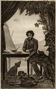 تنتظر كلاب روبنسون كروزو أن يرمي بعض القطع ليأكلها ، وقد تم إدخال نقش في "Les aventures de Robinson Crusoe" (1660-1731) لدانيال ديفو ، طبعة la librairie d'education ، باريس 1838. مجموعة سيلفا. بواسطة فنان غير معروف