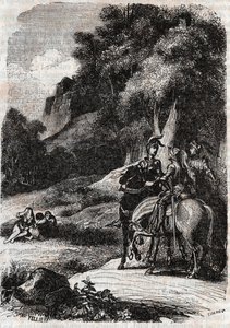 روجر (روجيرو ، روجيرو) ، مارفيسا (مارفيسا) والنساء الثلاث - نقش من عام 1851 من "" Roland furieux "(أورلاندو فوريوسو) (القرن السادس عشر) بواسطة Ludovico Ariosto ، يُدعى Ariosto - طبعة مترجمة من الإيطالية بواسطة كونت تريسان ونشرتها بواسطة فنان غير معروف