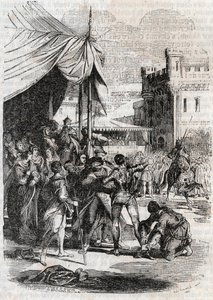 روجر (روجيرو ، روجيرو) يتحدى في معركة رودومونت (رودومونتي) - نقش عام 1851 من "" Furious Roland "(أورلاندو فوريوسو) (القرن السادس عشر) بواسطة Ludovico Ariosto ، المعروف باسم Ariosta - الطبعة المترجمة من الإيطالية بواسطة Count of تريسان ونشر بواسطة فنان غير معروف