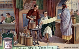 بائع الكتب الروماني. Chromolithography ، صورة Liebig. بواسطة فنان غير معروف