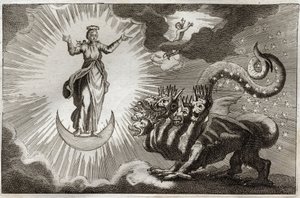 الكتاب المقدس Royaumont ، العهد الجديد: Bete of Revelation. يرى القديس يوحنا وحشًا وحشيًا له سبعة رؤوس وعشرة قرون وامرأة حامل محاطة بالنور وتحت قدميها القمر وعلى رأسها تاج من اثني عشر نجمة. رسم توضيحي من عام 1811. بواسطة فنان غير معروف