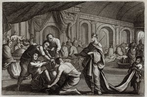 الكتاب المقدس Royaumont ، العهد الجديد: فستان الزفاف. مَثَل لملك أقام حفل زفاف ابنه ، فرفض منه رجلاً لم يكن يرتدي فستان الزفاف. رسم توضيحي من عام 1811. بواسطة فنان غير معروف