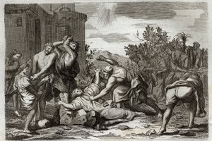 كتاب رومونت المقدس ، العهد الجديد: موت القديس ستيفن ، أول شهيد مسيحي ، رجمًا. رسم توضيحي من عام 1811. بواسطة فنان غير معروف
