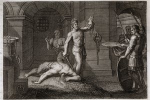 الكتاب المقدس Royaumont ، العهد الجديد: فك القديس يوحنا المعمدان. واحد يضع رأسه على هضبة. رسم توضيحي من عام 1811. بواسطة فنان غير معروف