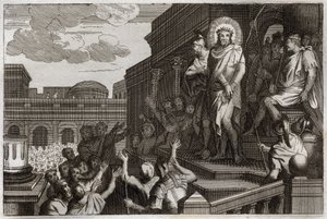 الكتاب المقدس Royaumont ، العهد الجديد: Ecce homo. يقدم بيلاطس البنطي (بيلاطيوس البنطي) يسوع المسيح بالأشواك إلى الجموع قائلاً: "هذا هو الإنسان". رسم توضيحي من عام 1811. بواسطة فنان غير معروف
