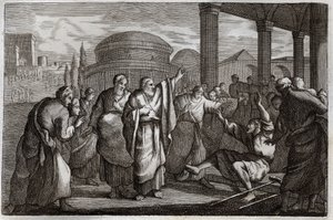 الكتاب المقدس Royaumont ، العهد الجديد: Lame gueri. يحارب القديس بولس الأعرج ويقبض على الناس الذين أرادوا التضحية له مثل الله. رسم توضيحي من عام 1811. بواسطة فنان غير معروف