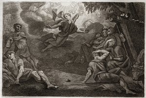 الكتاب المقدس Royaumont ، العهد الجديد: القساوسة في Crech. ملاك يعلن ولادة يسوع المسيح للرعاة (البشارة للرعاة). رسم توضيحي من عام 1811. بواسطة فنان غير معروف