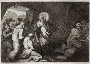 كتاب رومونت الكتاب المقدس ، العهد الجديد: قيامة لعازر بيسوع المسيح. رسم توضيحي من عام 1811. بواسطة فنان غير معروف