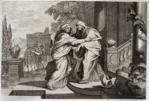الكتاب المقدس Royaumont ، العهد الجديد: زيارة. ستزور القديسة مريم العذراء ابنة عمها إليزابيث. رسم توضيحي من عام 1811. بواسطة فنان غير معروف