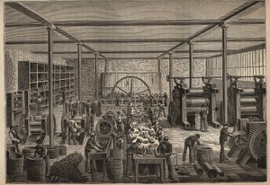 المطاط: مصنع المطاط. نقش من عام 1885 في "" Les Arts et metiers Illustres "" لأدولف بيتارد. بواسطة فنان غير معروف