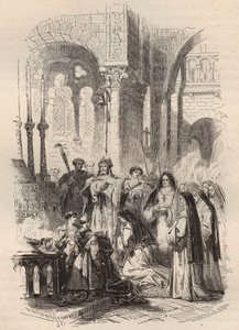 إبحار القديس كونيغوندي في لوكسمبورغ (حوالي 975-1033 / 1039) في 1024 ، تم تسليمه من قبل عشية بادربورن مينويرك (حوالي 975-1036) في دير البينديكتين في كاوفونجين في ألمانيا. نقش من عام 1868 في "Histoire de Belgique من العصور البدائية إلى بواسطة فنان غير معروف