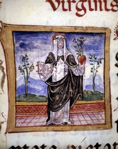 القديسة كاثرين من سيينا (1347 - 1380) تحمل كتابًا وقلبًا ، صورة مصغرة من القرن الخامس عشر. بواسطة فنان غير معروف