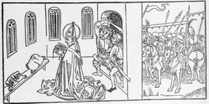 سانت لامبرت. نقش من "Leben der Heiligen - sommsteil" (كتاب القديس) ليعقوب (جيمس) من Voragine (1228-1298). دوبيك 1488. بواسطة فنان غير معروف
