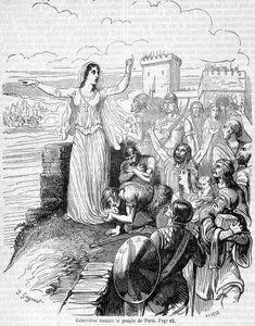 تنظم Sainte Geneviève الدفاع عن باريس ضد جحافل Attila وتطمئن سكان باريس - في "Histoire de France" بقلم Anquetil بواسطة فنان غير معروف