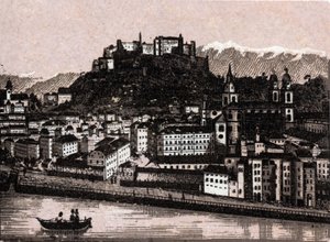 منطقة Salzkammergut ، النمسا: Salzburg von kapuzinergarten. في "" العالم يوضح 168 مشاهدة "" غير مؤرخ (أواخر القرن التاسع عشر) بواسطة فنان غير معروف