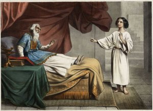صموئيل ، الذي يسمع صوت الرب يناديه في منتصف الليل ، يعتقد أن هذا هو معلمه رئيس الكهنة إيلي (هيلي). نقش مجهول من منتصف القرن التاسع عشر. بواسطة فنان غير معروف