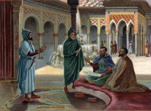 مشاهد الممالك المختفية: المجلس المغاربي (الاسم الذي يطلق على العرب الذين احتلوا جزءًا من إسبانيا) في قصر الحمراء في غرناطة. غرناطة هي آخر ولاية مغاربية ، تم الانتهاء منها عام 1482. الطباعة الحجرية الملونة للقرن التاسع عشر. بواسطة فنان غير معروف