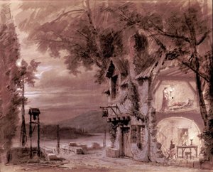 سينوغرافيا فيليب تشابيرون لأوبرا "" ريجوليتو "للملحن الإيطالي جوزيبي فيردي (1813-1901) للأداء في أوبرا باريس بواسطة فنان غير معروف