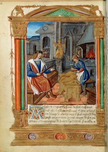 النحت: يتحكم السيد في عمل تلميذه ونحت نسر. صورة مصغرة من "" Roman de Thesus de Cologne et de Godifer "" في القرن السادس عشر في باريس ، ب. بواسطة فنان غير معروف