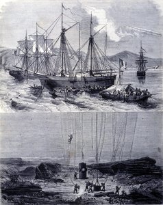 البحث عن حطام سفن الغاليون الإسبانية في خليج فيجو عام 1702. القرن التاسع عشر بواسطة فنان غير معروف