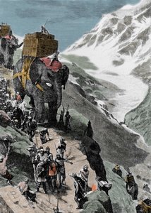 الحرب البونيقية الثانية. عبور جيش حنبعل برقة جبال الألب عام 218 ق.م. نقش إيطالي من القرن التاسع عشر. بواسطة فنان غير معروف
