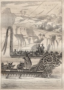 الرحلة الثانية (1772-1775) للكابتن جيمس كوك (1728-1779): زوارق الحرب من زيلاندان الجدد (نيو زيلانديز) - رسم توضيحي مأخوذ من "" البحارة العظماء في القرن الثامن عشر "" بواسطة فنان غير معروف