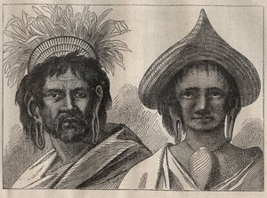 الرحلة الثانية (1772-1775) للكابتن جيمس كوك (1728-1779): رجل وامرأة من جزيرة إيستر - رسم توضيحي من "البحارة العظماء في القرن الثامن عشر" بواسطة فنان غير معروف