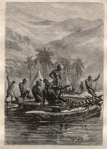 الرحلة الثانية (1772-1775) للكابتن جيمس كوك (1728-1779): كان لدى السكان الأصليين ثقة كافية للاقتراب والتبادل (كاليدونيا الجديدة) - رسم توضيحي مأخوذ من "البحارة العظماء في القرن الثامن عشر" بواسطة فنان غير معروف